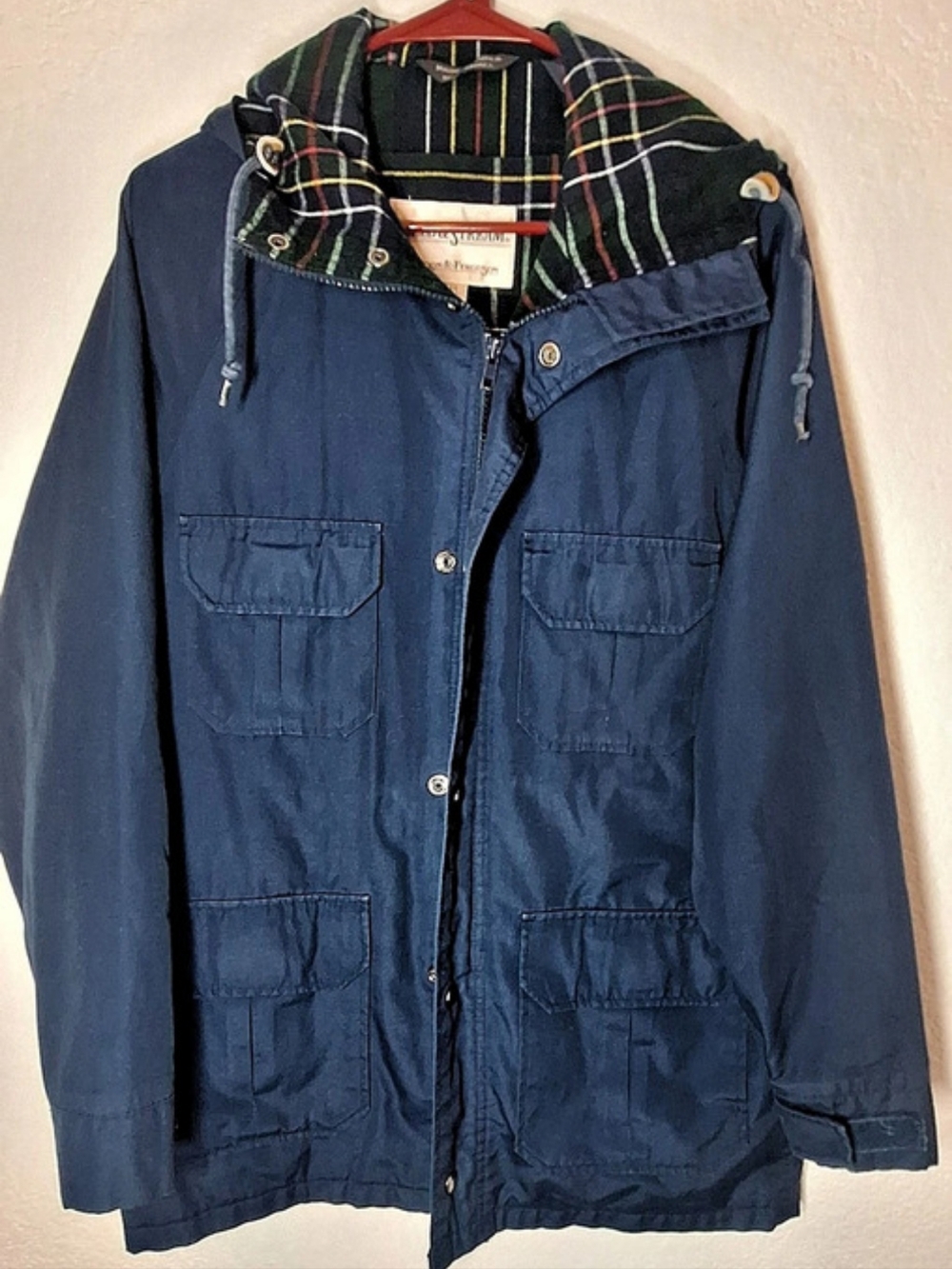 Vintage Field & Stream Blue Hooded Field Jacket Plaid Lined Gordon & Ferguson S